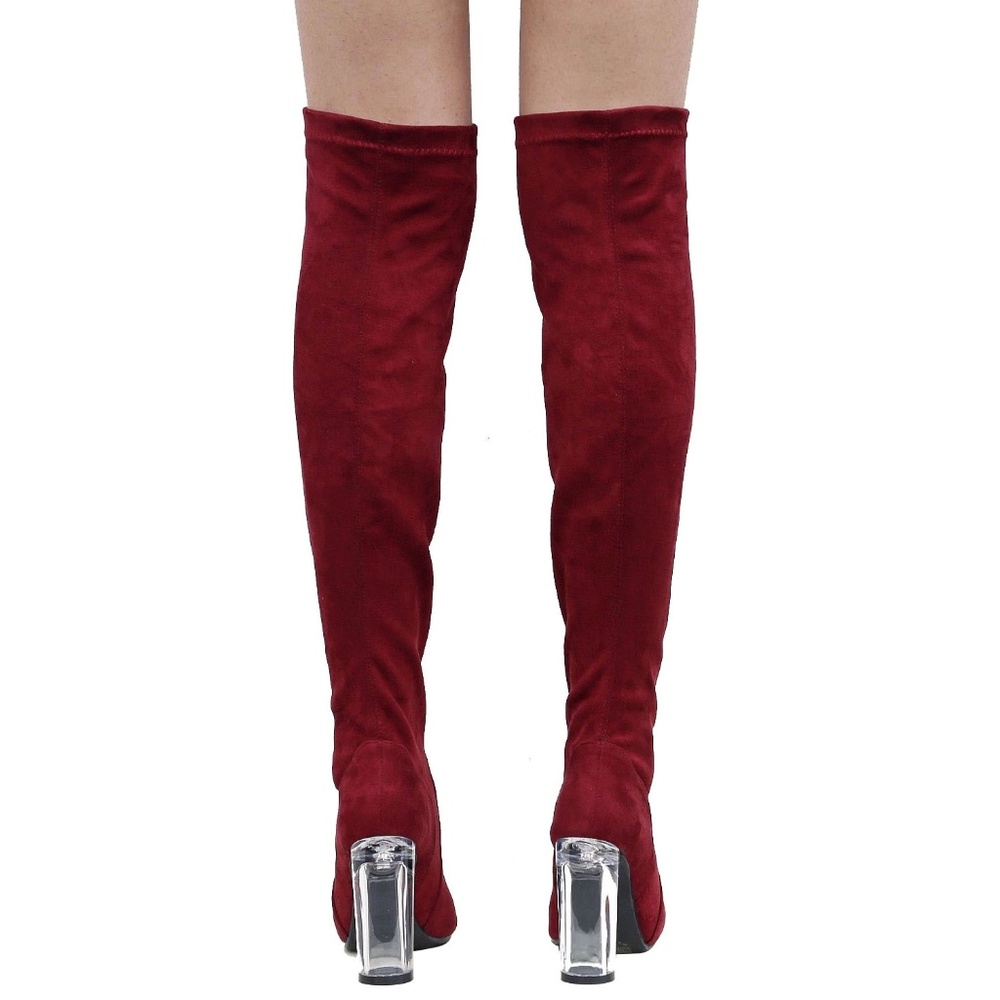 New Wine Stretch Suede Over Knee Clear Heel Boots - Picture 3 of 3